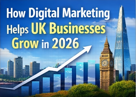 Infographic showing a rising growth arrow over the London skyline with the Shard and Big Ben, titled "How Digital Marketing Helps UK Businesses Grow in 2026.
