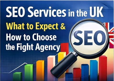 SEO services guide for UK businesses featuring a magnifying glass over the word "SEO" with colorful bar charts and a Union Jack flag in the background.