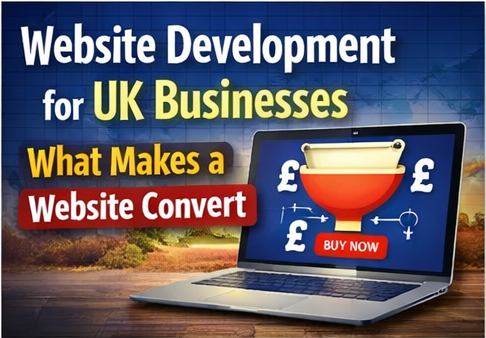 Website development for UK businesses graphic featuring a laptop displaying a conversion funnel and British Pound symbols to illustrate ROI.