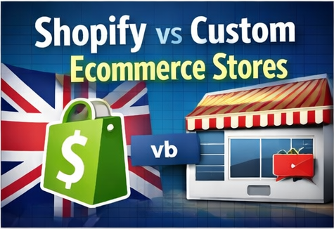 Comparison graphic for Shopify vs. Custom Ecommerce Stores for UK retailers, featuring the Shopify logo and a storefront illustration against a Union Jack background.