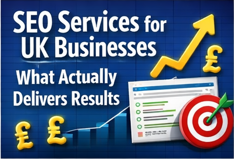 Professional SEO services for UK businesses illustration showing a target with an arrow, British Pound signs, and a rising data chart to represent marketing results.