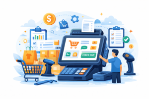 POS system services showing retail point of sale terminal, inventory management, and sales processing