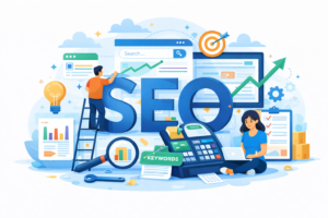 SEO services for businesses showing search engine optimization, keyword analysis, and website ranking improvement