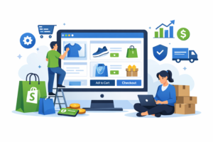 Shopify store development services showing custom Shopify website design, product setup, and online store management.