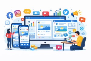 social media marketing services showing campaign management, content creation, and analytics for business growth